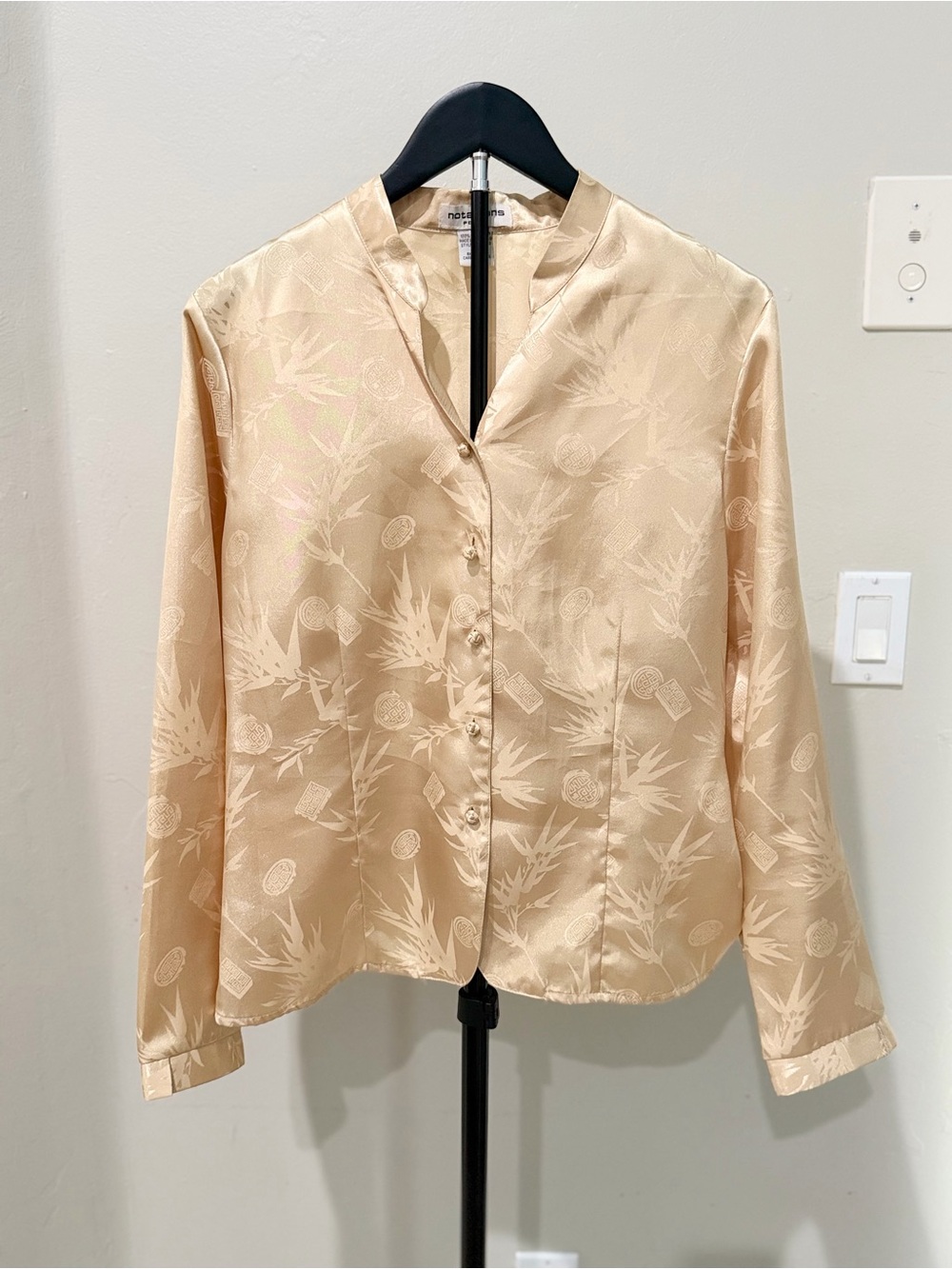 Vintage 90s Notations Petite Satin Champagne Gold Asian Inspired Jacquard Blouse
